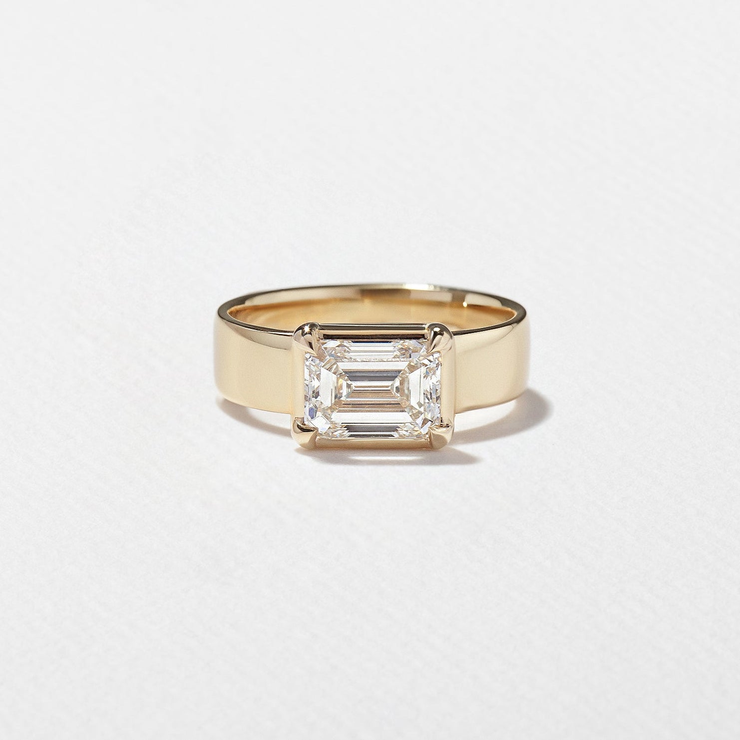 1.70 carat emerald cut lab grown diamond wide band solitaire ring