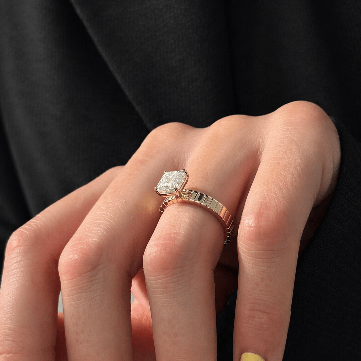 2 Carat Asscher Cut Lab Grown Diamond Solitaire Ring Textured Band - Mivaan Fine Jewelry