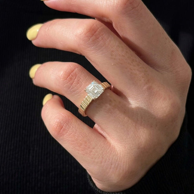 2 Carat Asscher Cut Lab Grown Diamond Solitaire Ring Textured Band - Mivaan Fine Jewelry