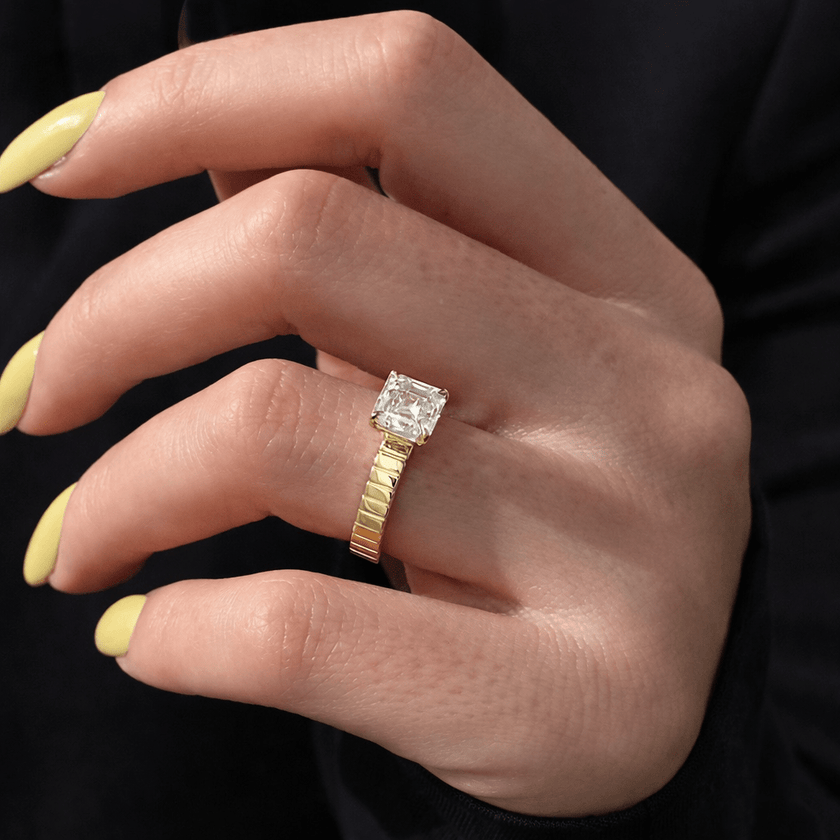 2 Carat Asscher Cut Lab Grown Diamond Solitaire Ring Textured Band - Mivaan Fine Jewelry