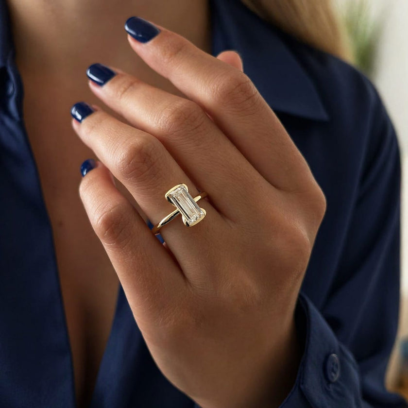 2 Carat Baguette Lab Grown Diamond Half Bezel Solitaire Ring in 14K Solid Gold - Mivaan Fine Jewelry
