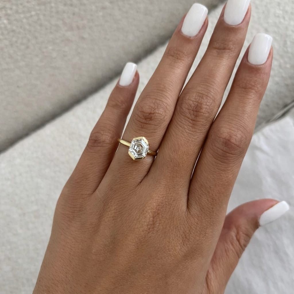 2 Carat Hexagon Cut Lab Grown Diamond Half Bezel Ring in 14K Solid Gold - Mivaan Fine Jewelry