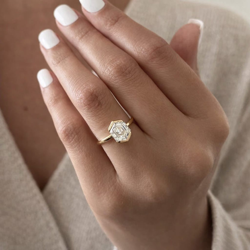 2 Carat Hexagon Cut Lab Grown Diamond Half Bezel Ring in 14K Solid Gold - Mivaan Fine Jewelry