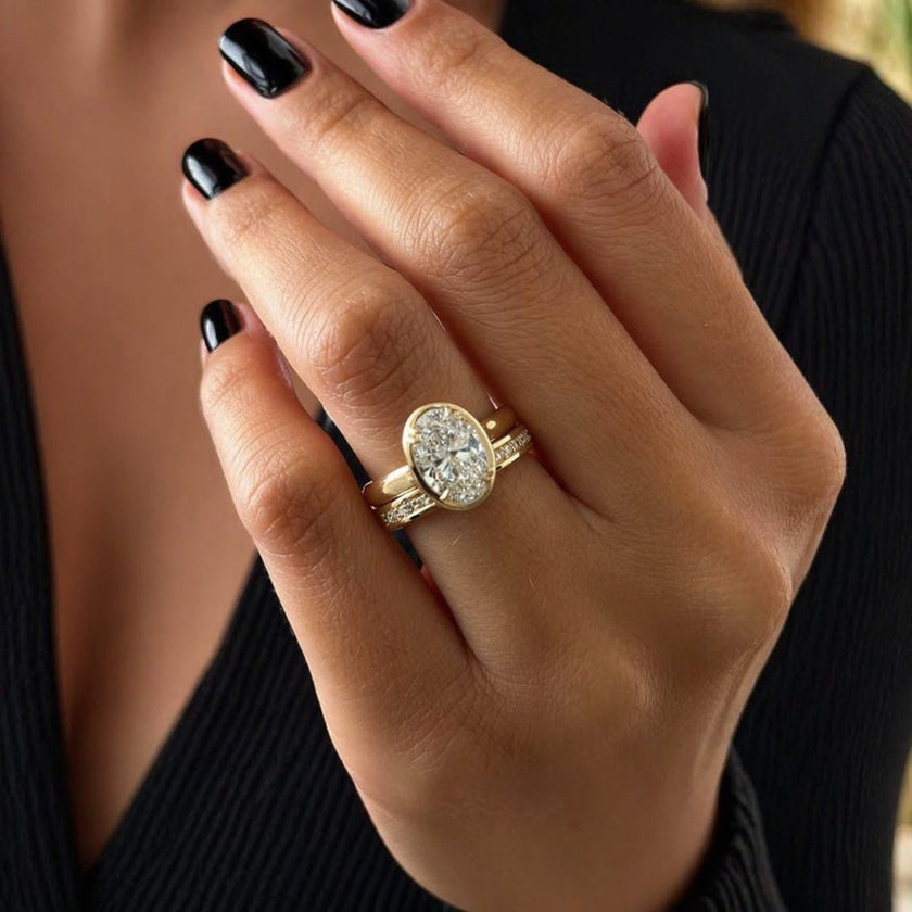 2 Carat Oval Cut Diamond Thick Bezel Prong Ring in 14K Solid Gold - Mivaan Fine Jewelry
