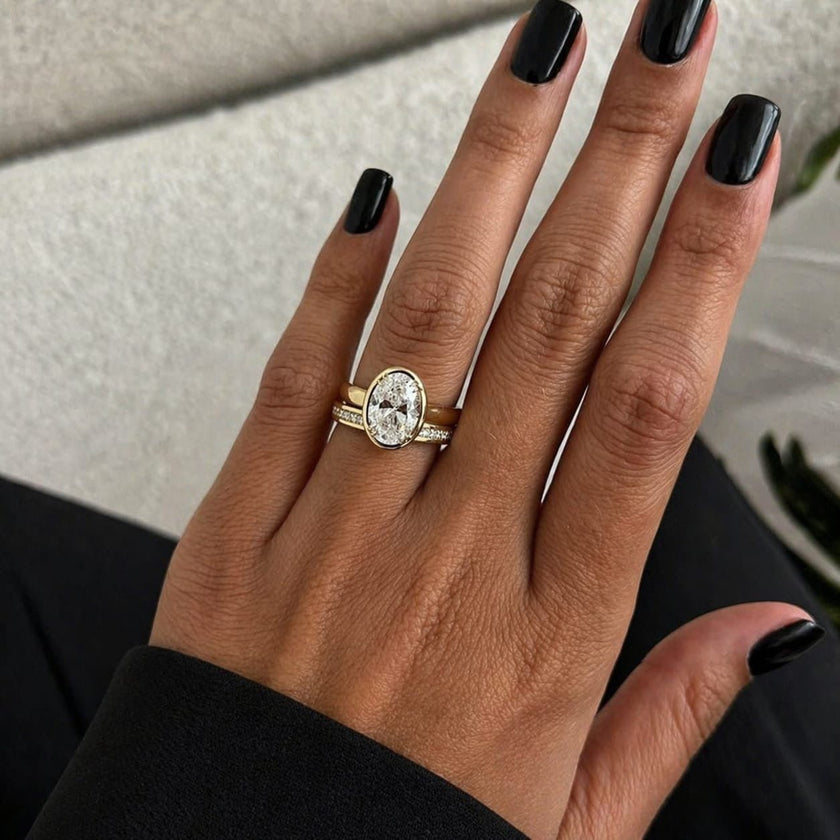 2 Carat Oval Cut Diamond Thick Bezel Prong Ring in 14K Solid Gold - Mivaan Fine Jewelry