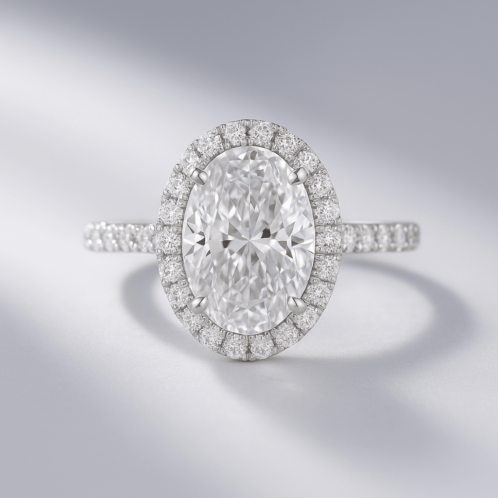 2 Carat Oval Cut Halo Diamond Engagement Ring with Pave Band - Mivaan Fine Jewelry