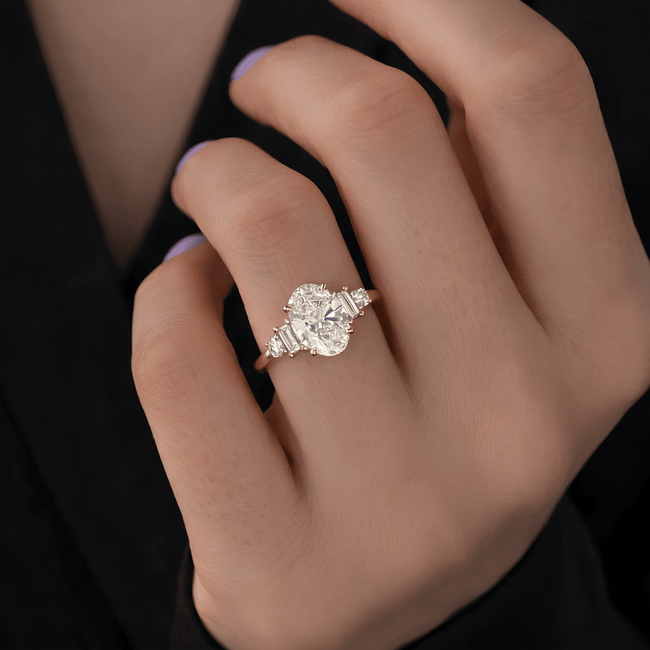 2 Carat Oval Cut Lab Grown Diamond Ring with Round and Baguette Side Stones - Mivaan Fine Jewelry