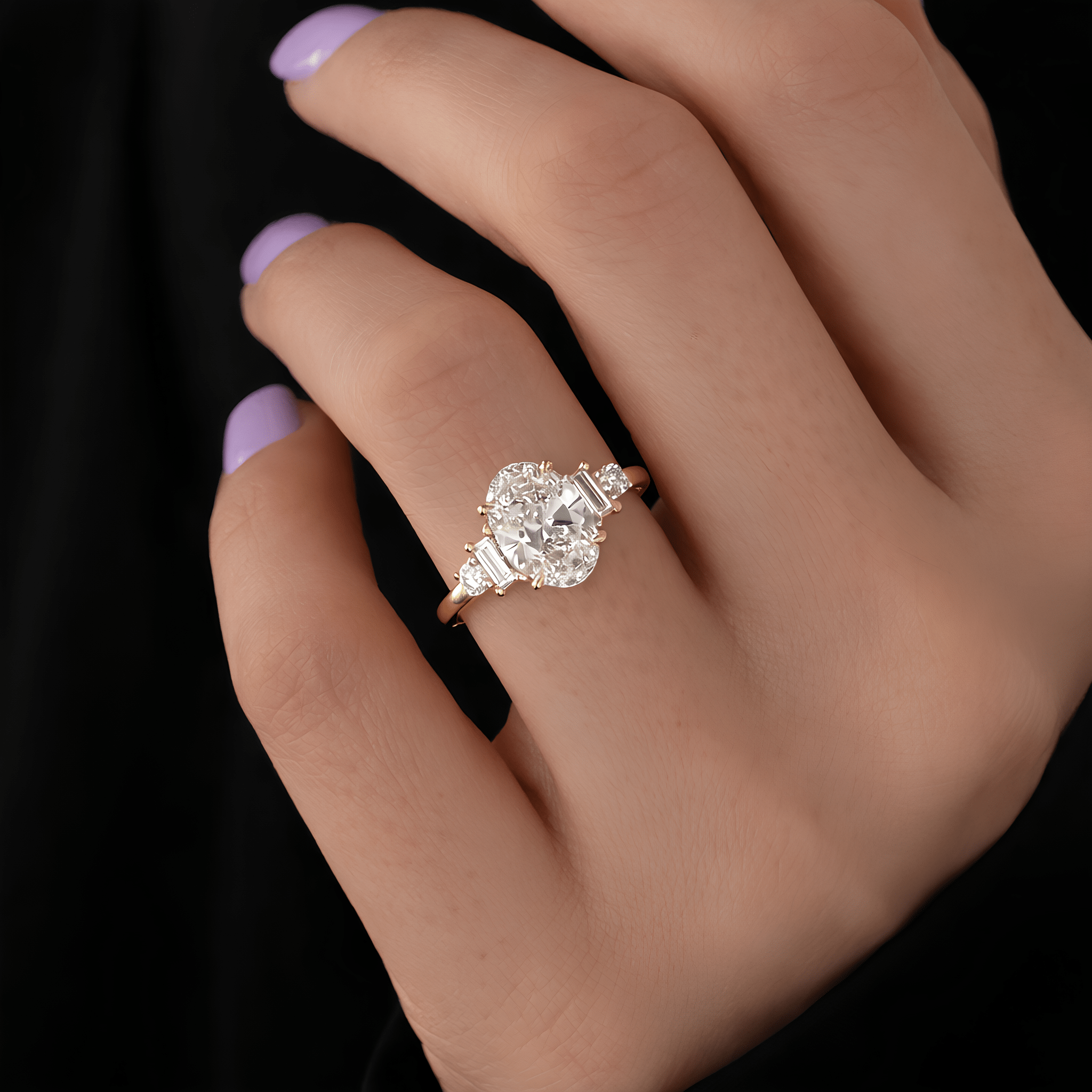 2 Carat Oval Cut Lab Grown Diamond Ring with Round and Baguette Side Stones - Mivaan Fine Jewelry