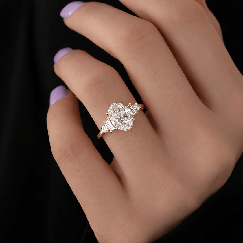 2 Carat Oval Cut Lab Grown Diamond Ring with Round and Baguette Side Stones - Mivaan Fine Jewelry