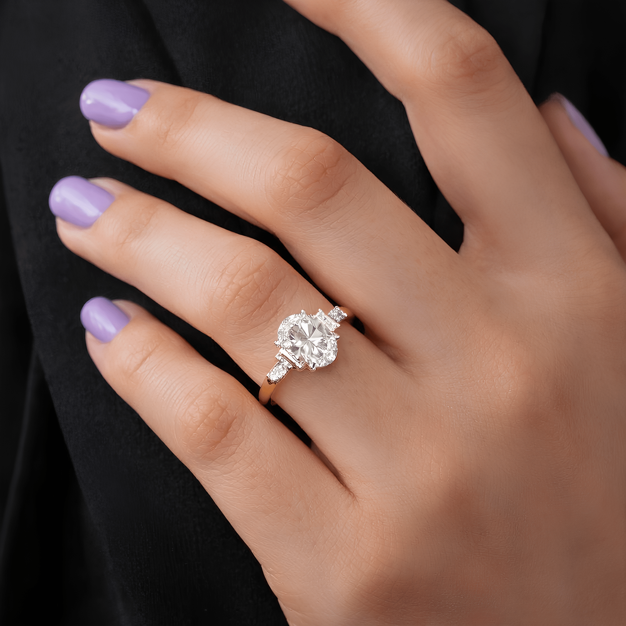 2 Carat Oval Cut Lab Grown Diamond Ring with Round and Baguette Side Stones - Mivaan Fine Jewelry