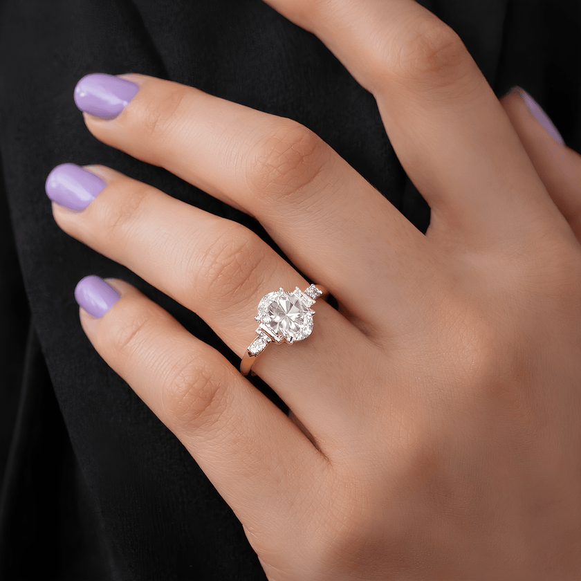 2 Carat Oval Cut Lab Grown Diamond Ring with Round and Baguette Side Stones - Mivaan Fine Jewelry