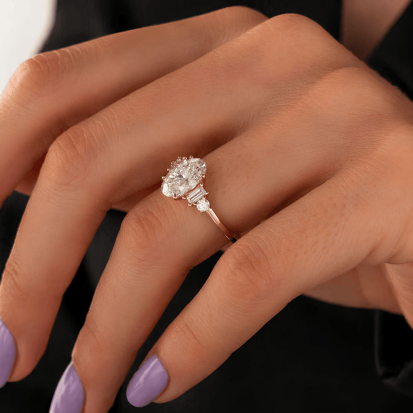 2 Carat Oval Cut Lab Grown Diamond Ring with Round and Baguette Side Stones - Mivaan Fine Jewelry