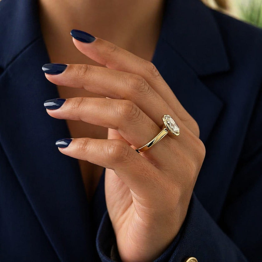 2 Carat Oval Lab Grown Diamond Bezel Set Art Deco Ring in 14K Solid Gold - Mivaan Fine Jewelry