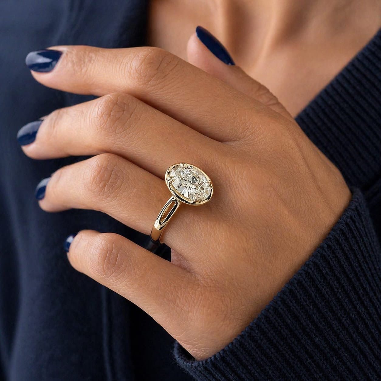 2 Carat Oval Lab Grown Diamond Bezel Set Art Deco Ring in 14K Solid Gold - Mivaan Fine Jewelry