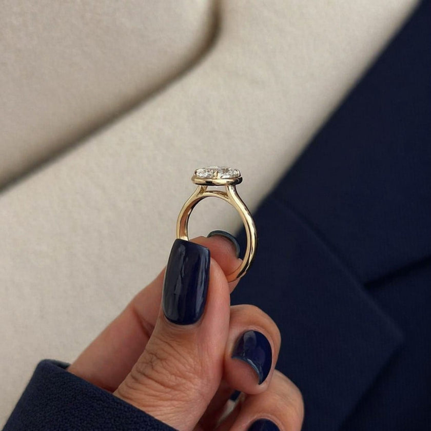 2 Carat Oval Lab Grown Diamond Bezel Set Art Deco Ring in 14K Solid Gold - Mivaan Fine Jewelry