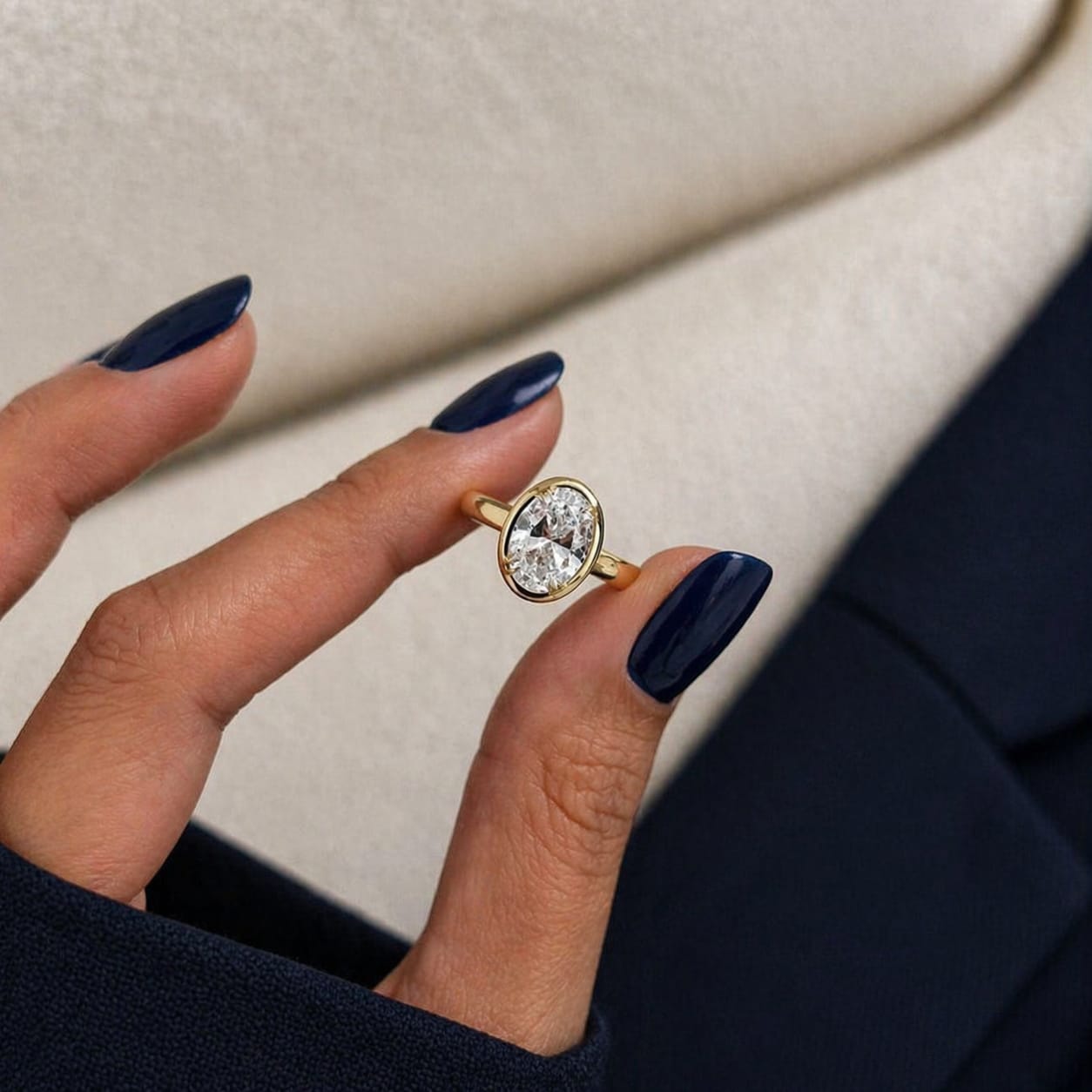 2 Carat Oval Lab Grown Diamond Bezel Set Art Deco Ring in 14K Solid Gold - Mivaan Fine Jewelry