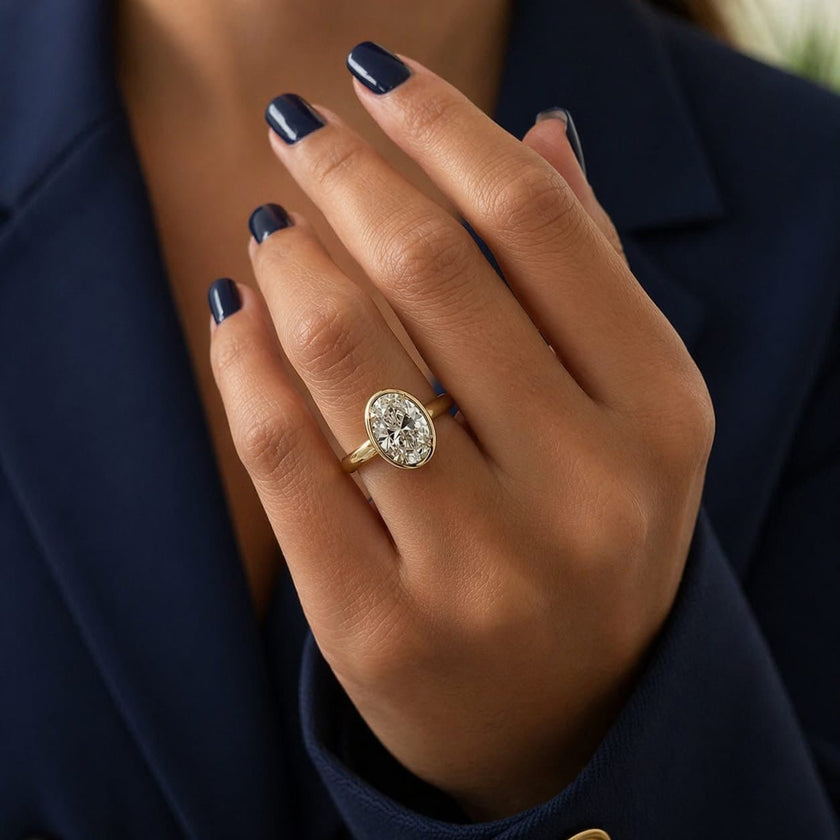 2 Carat Oval Lab Grown Diamond Bezel Set Art Deco Ring in 14K Solid Gold - Mivaan Fine Jewelry
