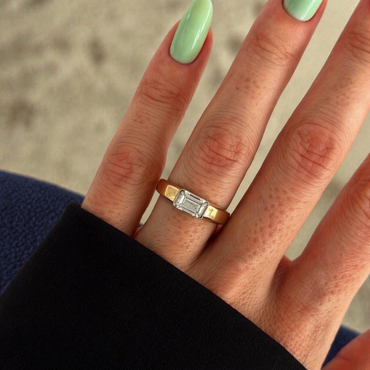 2.5 carat East-West emerald cut lab grown diamond engagement ring