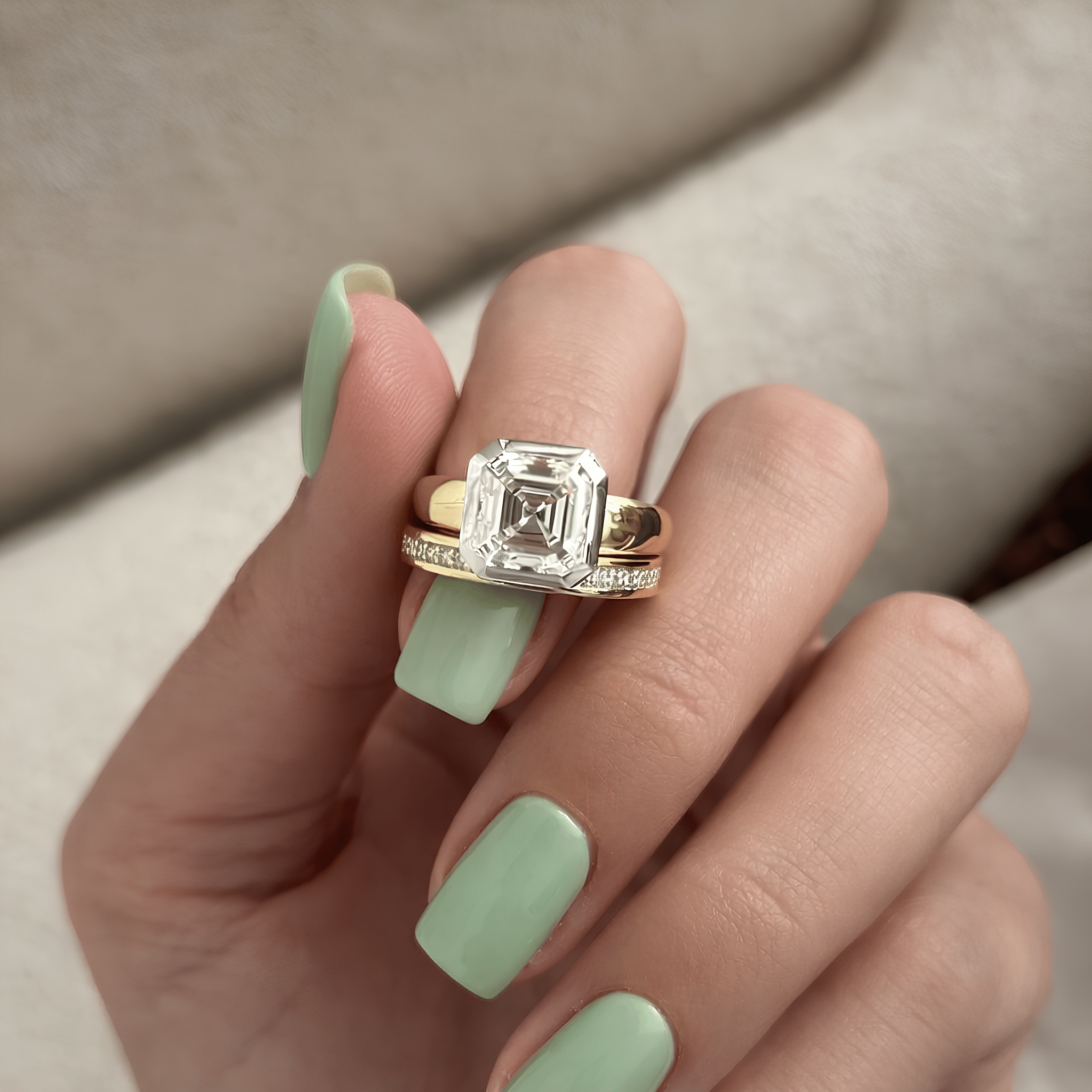3 Carat Asscher Cut Lab Grown Diamond Bezel Set Ring 14K Solid Gold - Mivaan Fine Jewelry