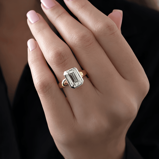 3 Carat Emerald Cut Lab Grown Diamond Bezel Set Ring 14K Solid Gold - Mivaan Fine Jewelry