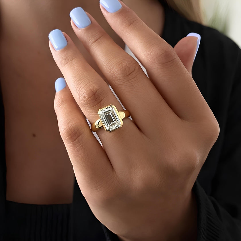 3 Carat Emerald Cut Lab Grown Diamond Bezel Set Ring 14K Yellow Gold - Mivaan Fine Jewelry