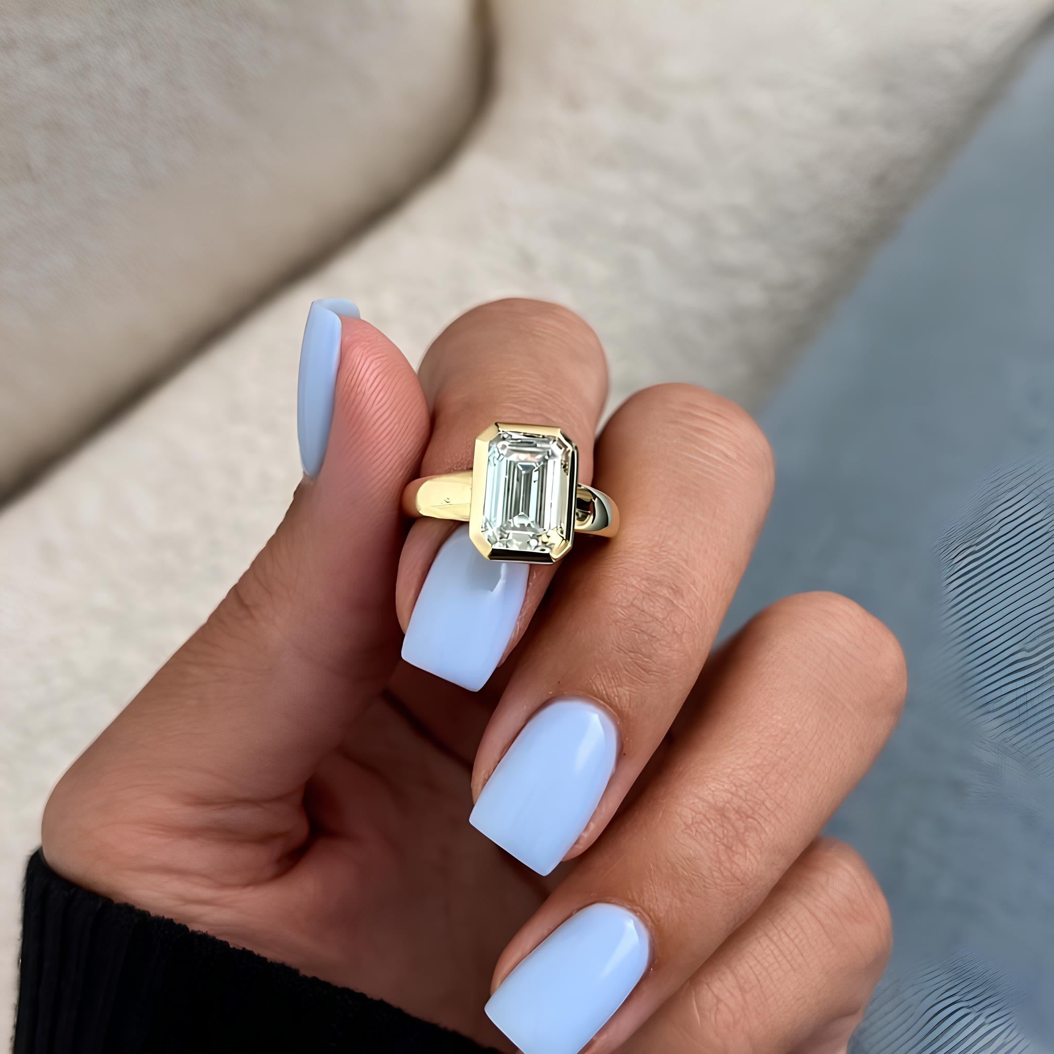 3 Carat Emerald Cut Lab Grown Diamond Bezel Set Ring 14K Yellow Gold - Mivaan Fine Jewelry