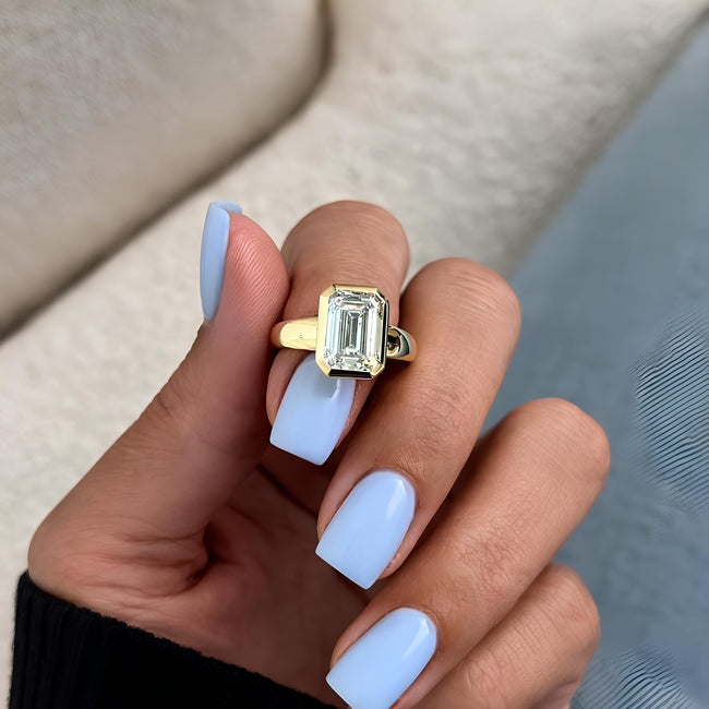 3 Carat Emerald Cut Lab Grown Diamond Bezel Set Ring 14K Yellow Gold - Mivaan Fine Jewelry