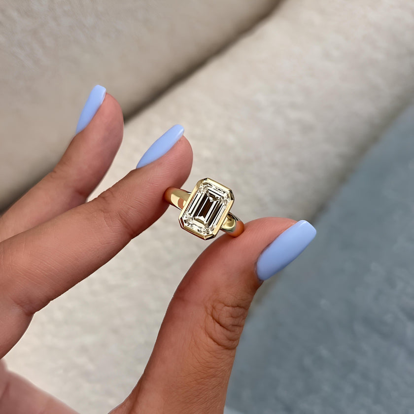 3 Carat Emerald Cut Lab Grown Diamond Bezel Set Ring 14K Yellow Gold - Mivaan Fine Jewelry