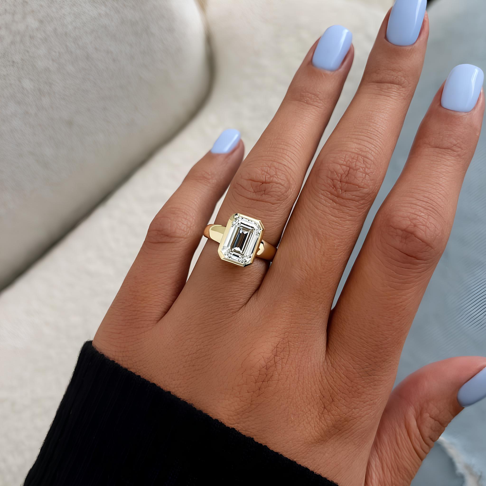 3 Carat Emerald Cut Lab Grown Diamond Bezel Set Ring 14K Yellow Gold - Mivaan Fine Jewelry