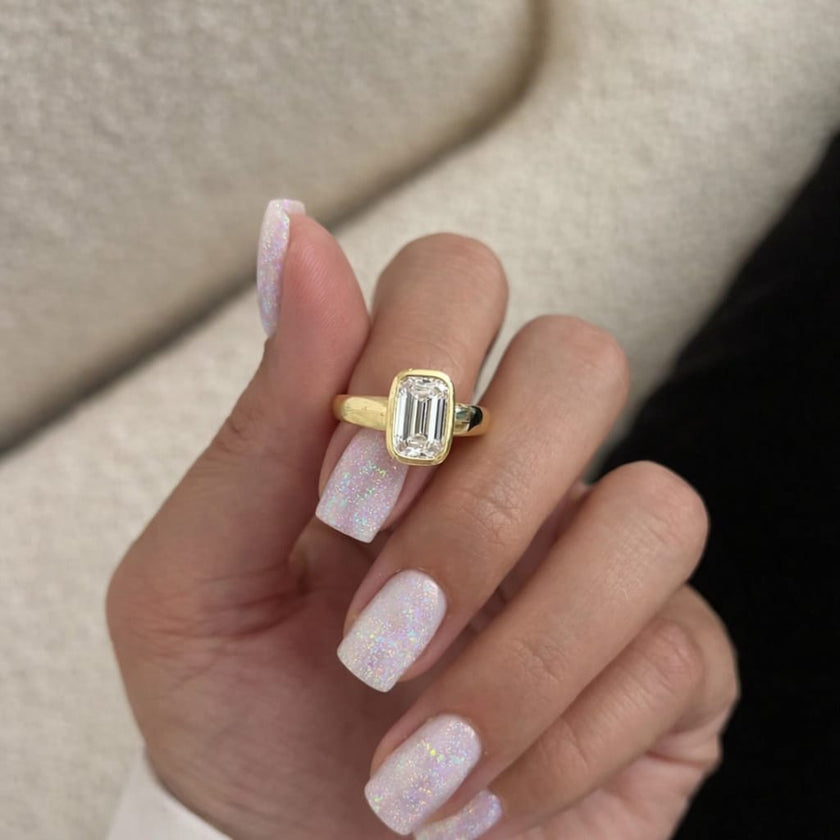 3 Carat Emerald Cut Lab Grown Diamond Ring in 14K Yellow Gold Bezel Setting - Mivaan Fine Jewelry