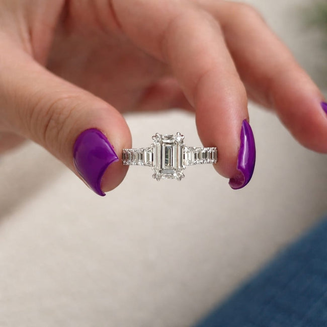 3 Carat Emerald Cut Lab Grown Diamond Ring with Side Stones - Mivaan Fine Jewelry