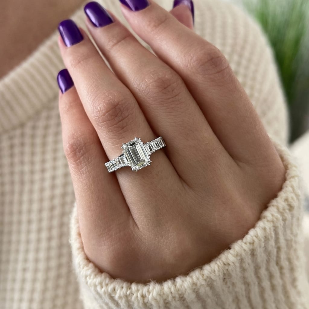 3 Carat Emerald Cut Lab Grown Diamond Ring with Side Stones - Mivaan Fine Jewelry