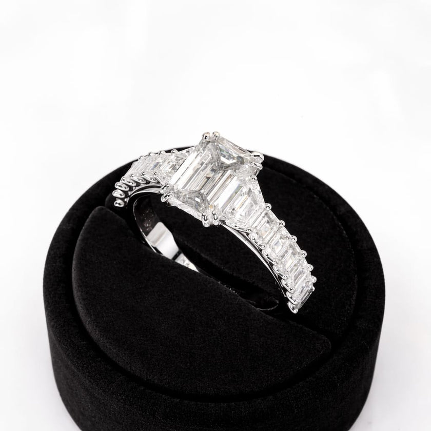 3 Carat Emerald Cut Lab Grown Diamond Ring with Side Stones - Mivaan Fine Jewelry