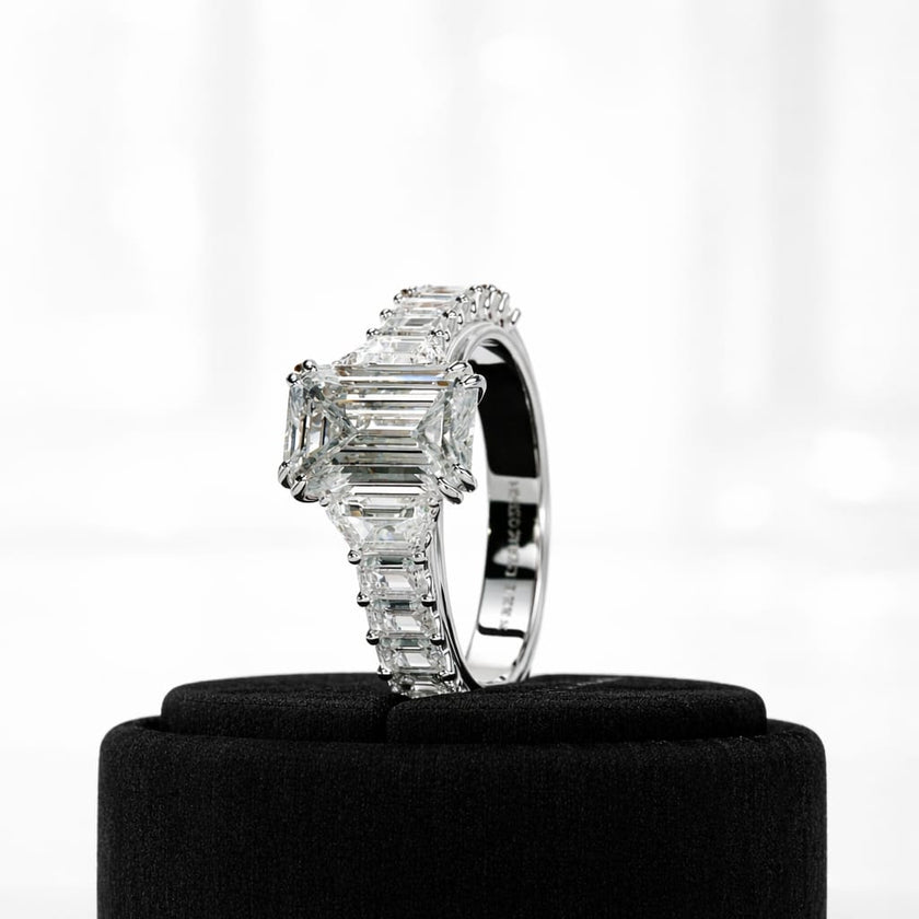 3 Carat Emerald Cut Lab Grown Diamond Ring with Side Stones - Mivaan Fine Jewelry