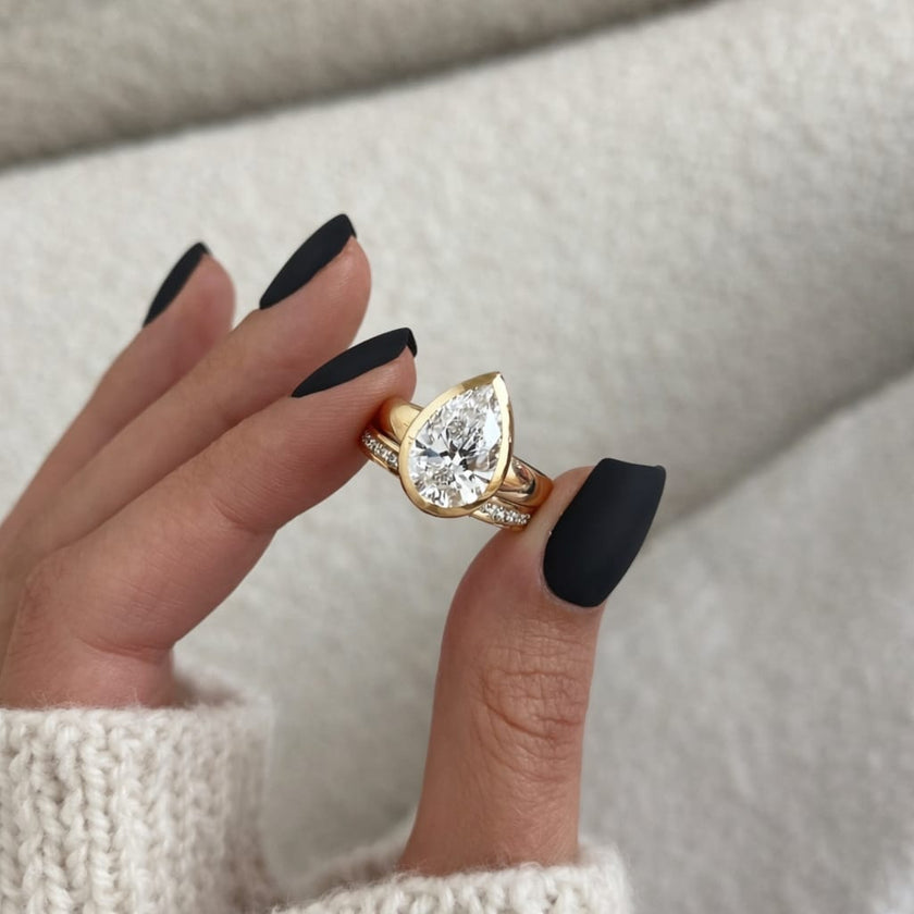 3 Carat Pear Cut Lab Grown Diamond Bezel Ring 14K Yellow Gold - Mivaan Fine Jewelry