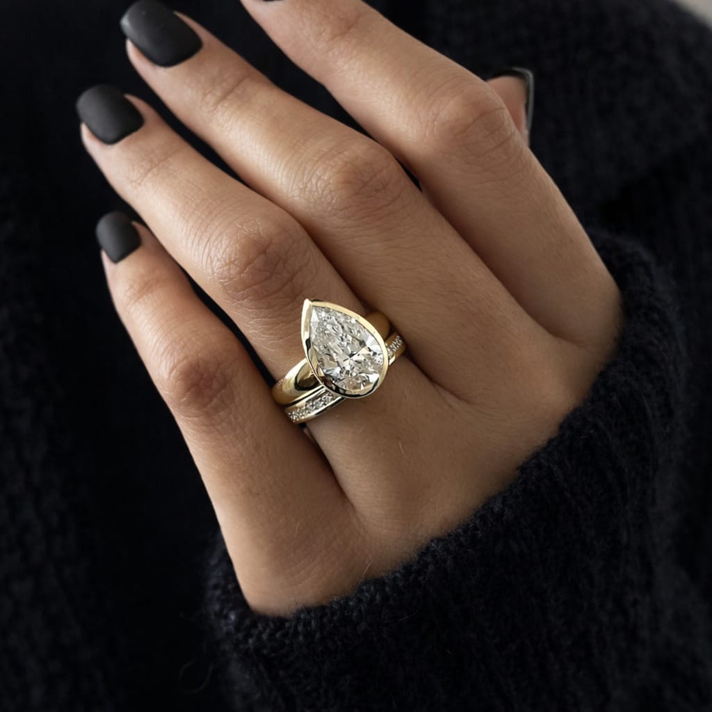 3 Carat Pear Cut Lab Grown Diamond Bezel Ring 14K Yellow Gold - Mivaan Fine Jewelry
