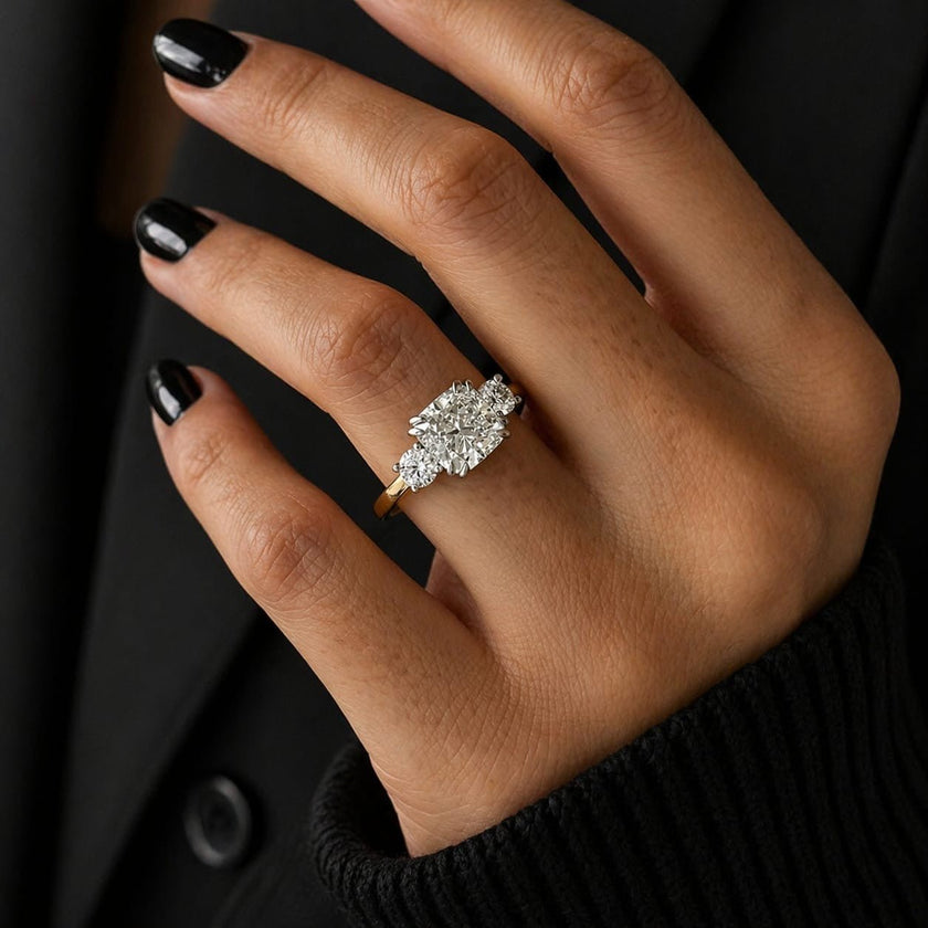 3 Carat Square Cushion Lab Grown Diamond Three Stone Ring - Mivaan Fine Jewelry