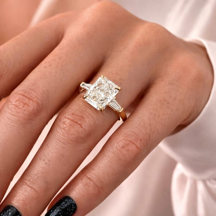 4 Carat Radiant Cut Lab Grown Diamond Ring with Tapered Baguette Side Stones - Mivaan Fine Jewelry