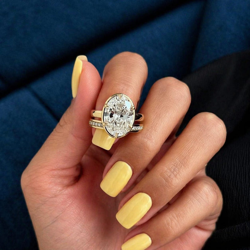 5 Carat Oval Lab Grown Diamond Prong Bezel Set Ring - Mivaan Fine Jewelry