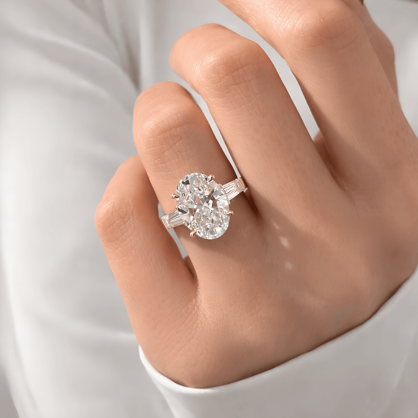 6 Carat Oval Cut Lab Grown Diamond Three Stone Ring with Baguette Side Stone - Mivaan Fine Jewelry