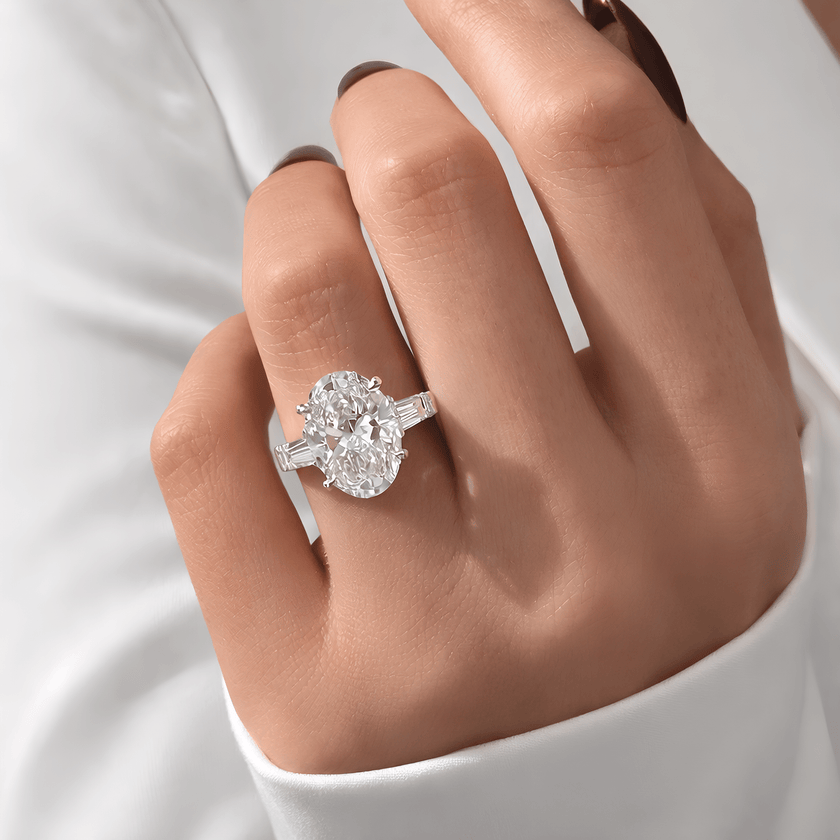 6 Carat Oval Cut Lab Grown Diamond Three Stone Ring with Baguette Side Stone - Mivaan Fine Jewelry