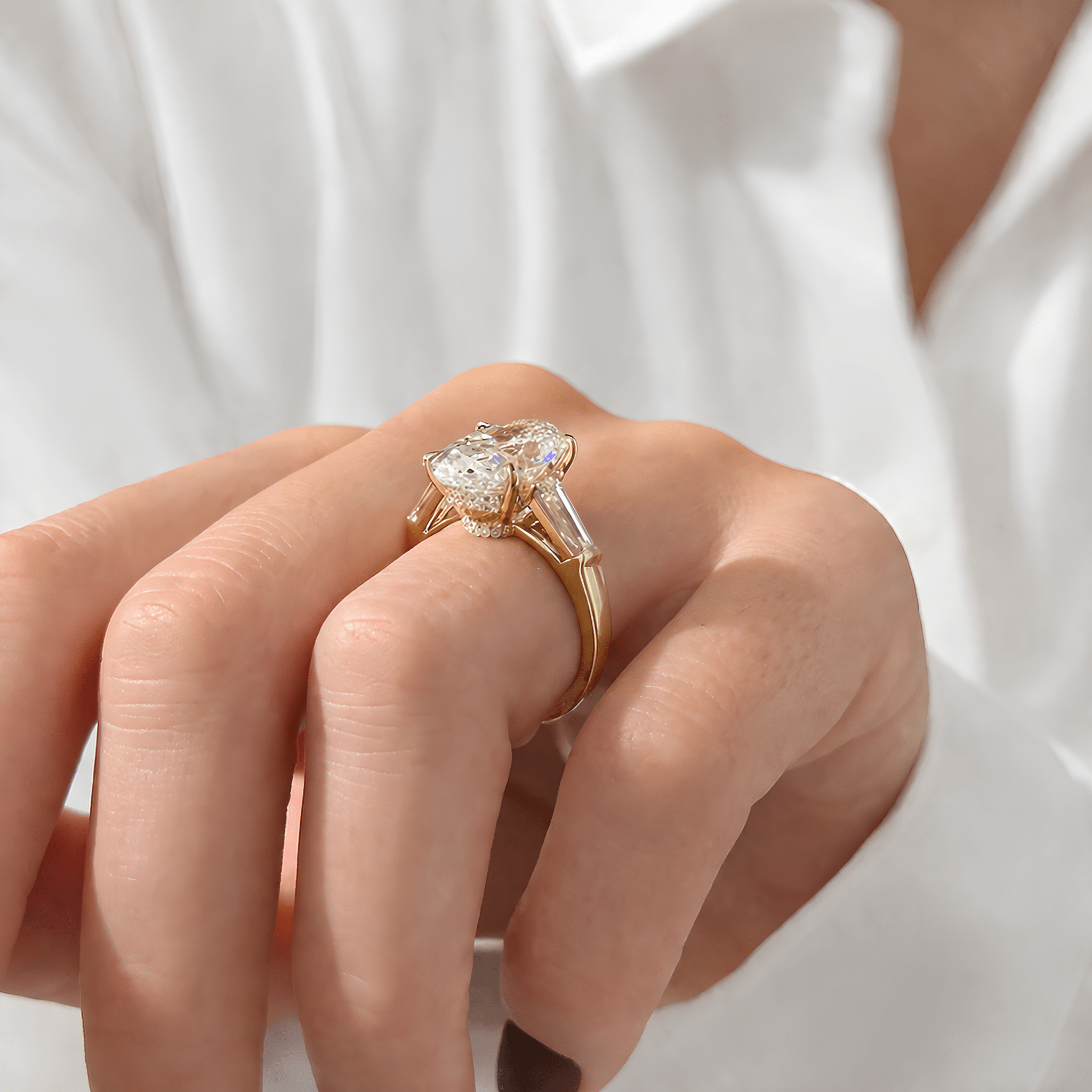 6 Carat Oval Cut Lab Grown Diamond Three Stone Ring with Baguette Side Stone - Mivaan Fine Jewelry