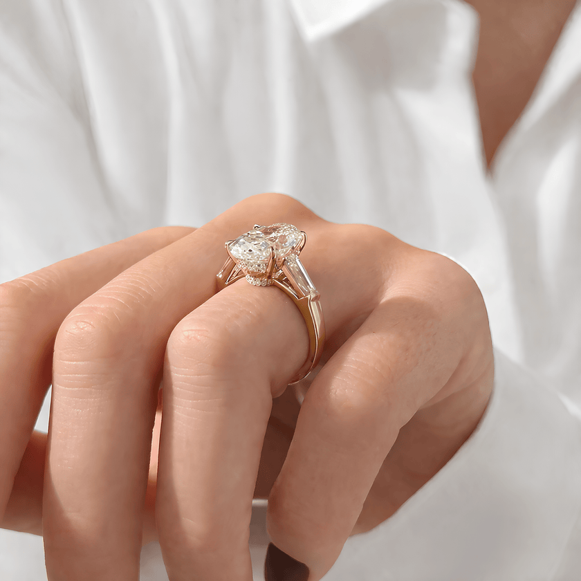 6 Carat Oval Cut Lab Grown Diamond Three Stone Ring with Baguette Side Stone - Mivaan Fine Jewelry
