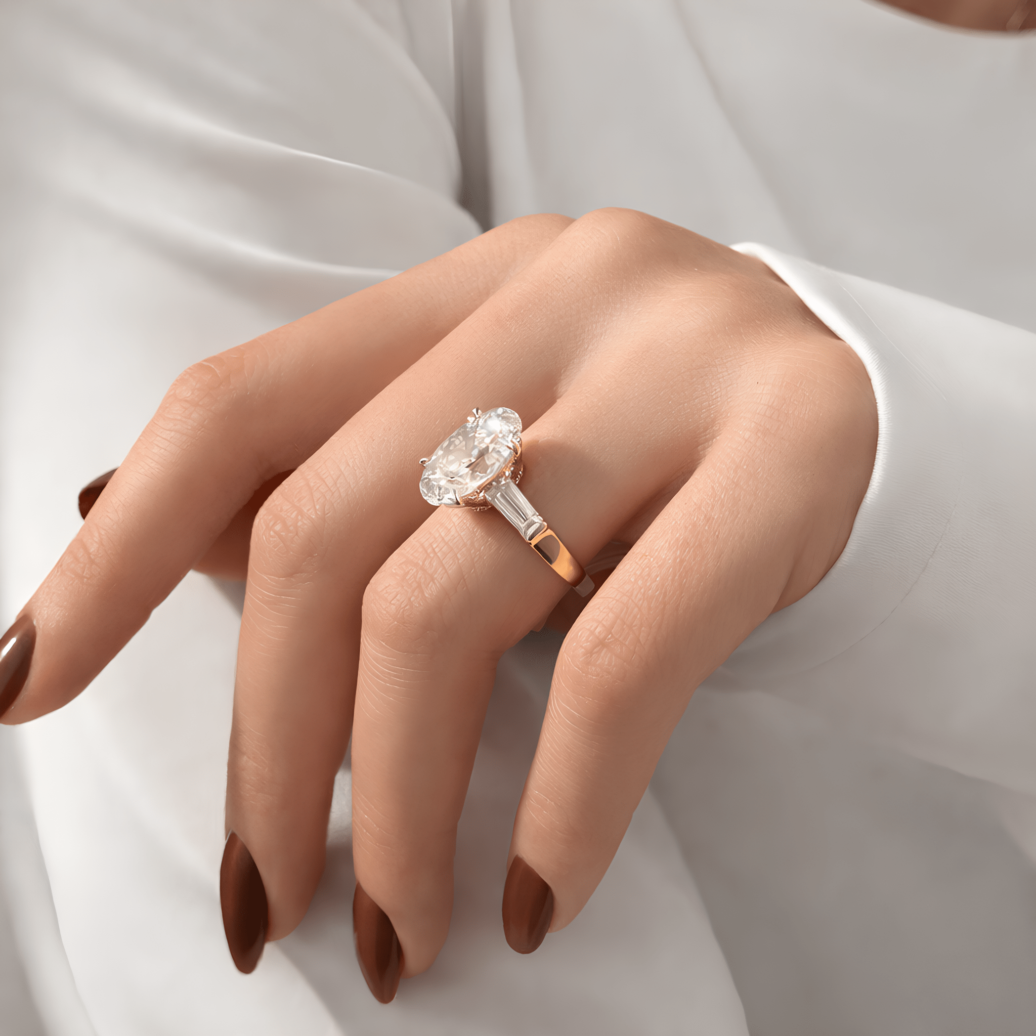 6 Carat Oval Cut Lab Grown Diamond Three Stone Ring with Baguette Side Stone - Mivaan Fine Jewelry