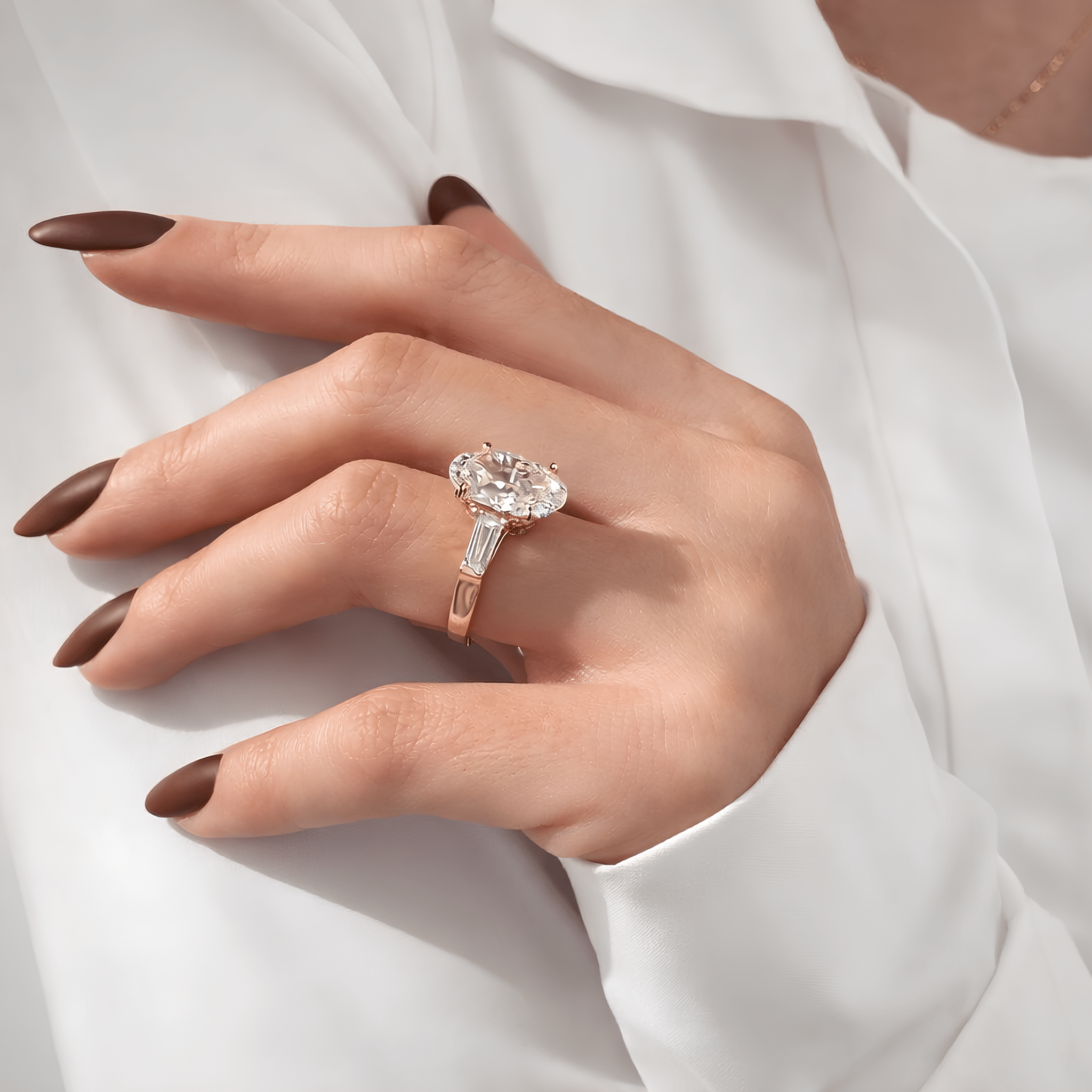 6 Carat Oval Cut Lab Grown Diamond Three Stone Ring with Baguette Side Stone - Mivaan Fine Jewelry